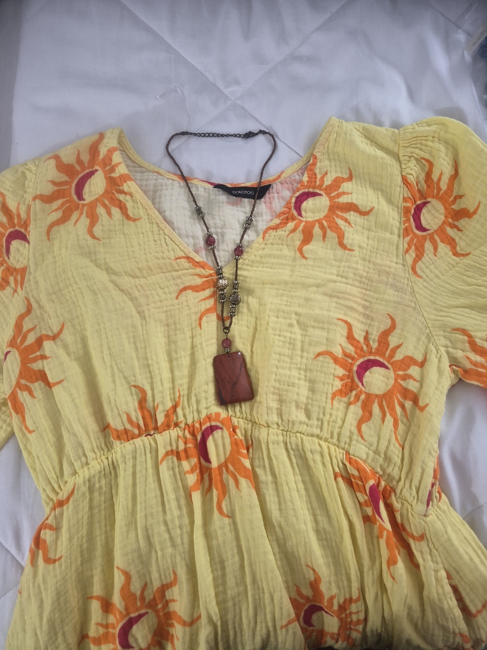 Cecico Yellow Sunburst Midi Dress with Orange & Pink Accents